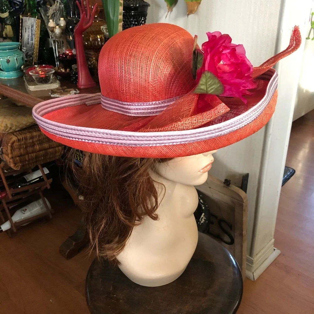 Vintage Wide Brim Red Straw Hat - Picture 3 of 10